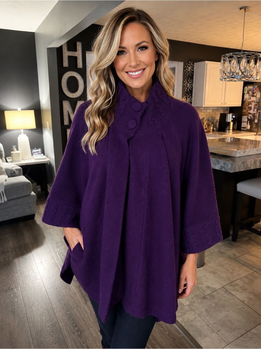 For Cynthia Purple Knit Cape Sweater Poncho Cardigan PXL